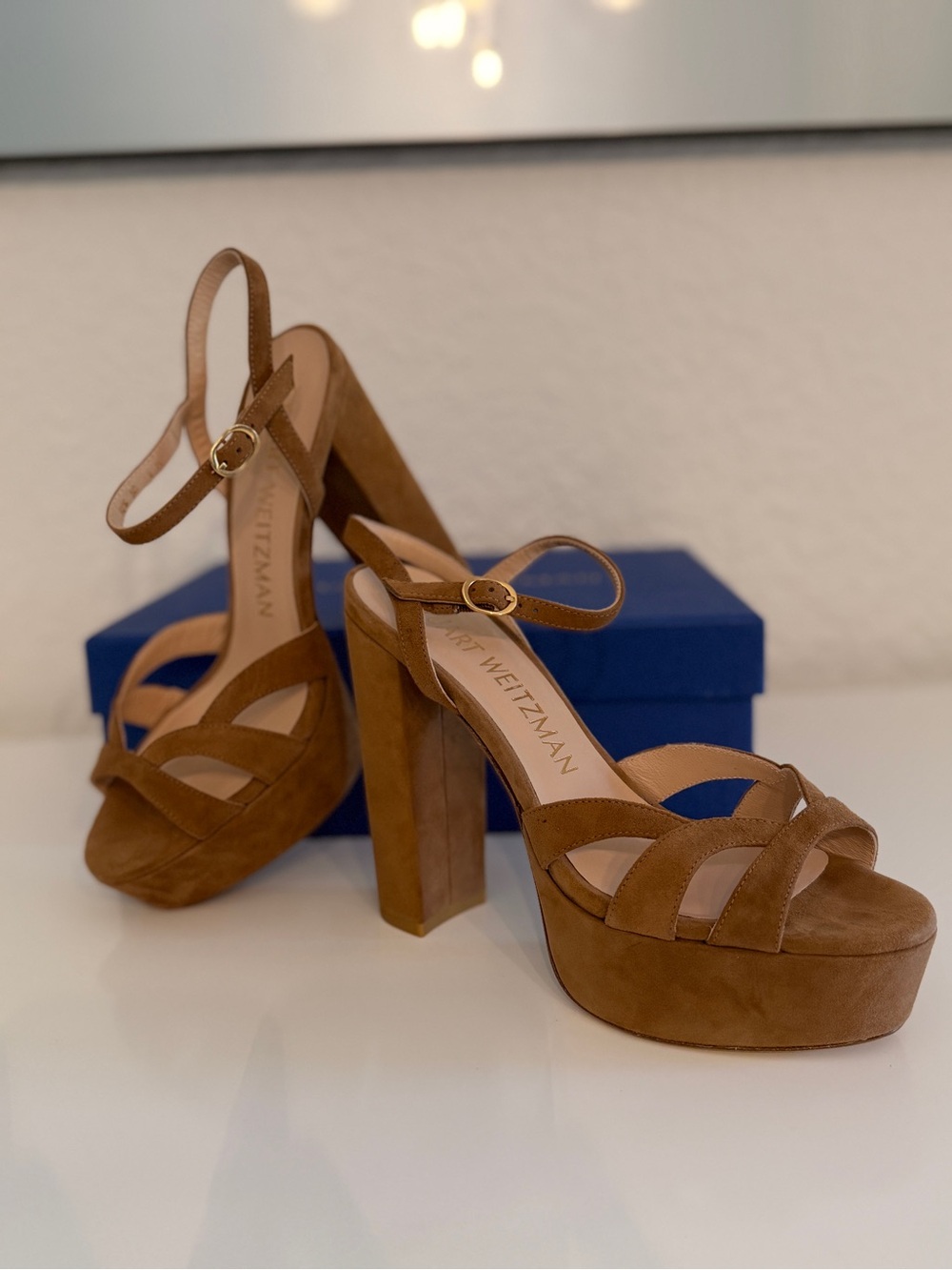 Stuart Weitzman Misty Platform Camel Brown Suede Sandals